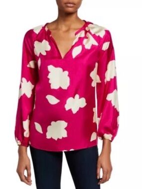 Theory Fuchsia & Cream Floral V-Neck 100% Silk Blouse